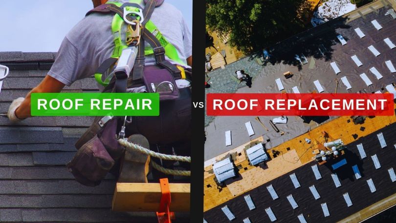 Worker Repairing Roof and Workers replacing a roof