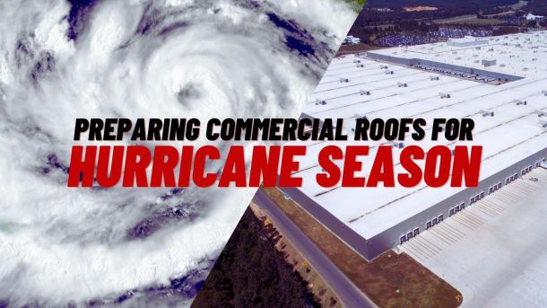Hurricane image overlayed over commercial building rooftop